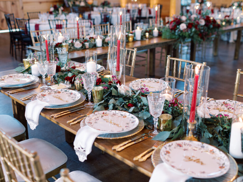 Farm table rental with decorative place settings at The Middleburg Barn in Middleburg, VA